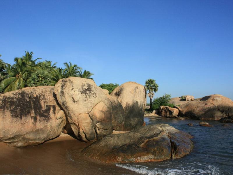 Large rounded boulders and palm trees beside calm blue water, Pasikuda, Sri Lanka