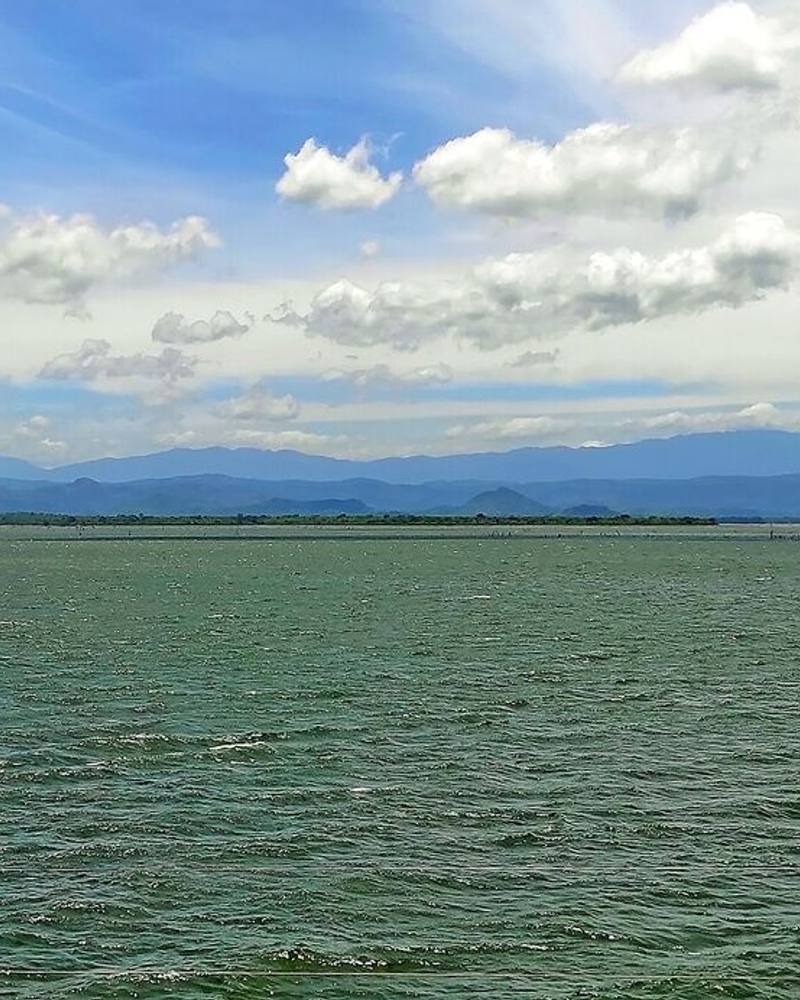 Udawalawe reservoir stretching to distant mountains under a cloud-dotted sky, Sri Lanka